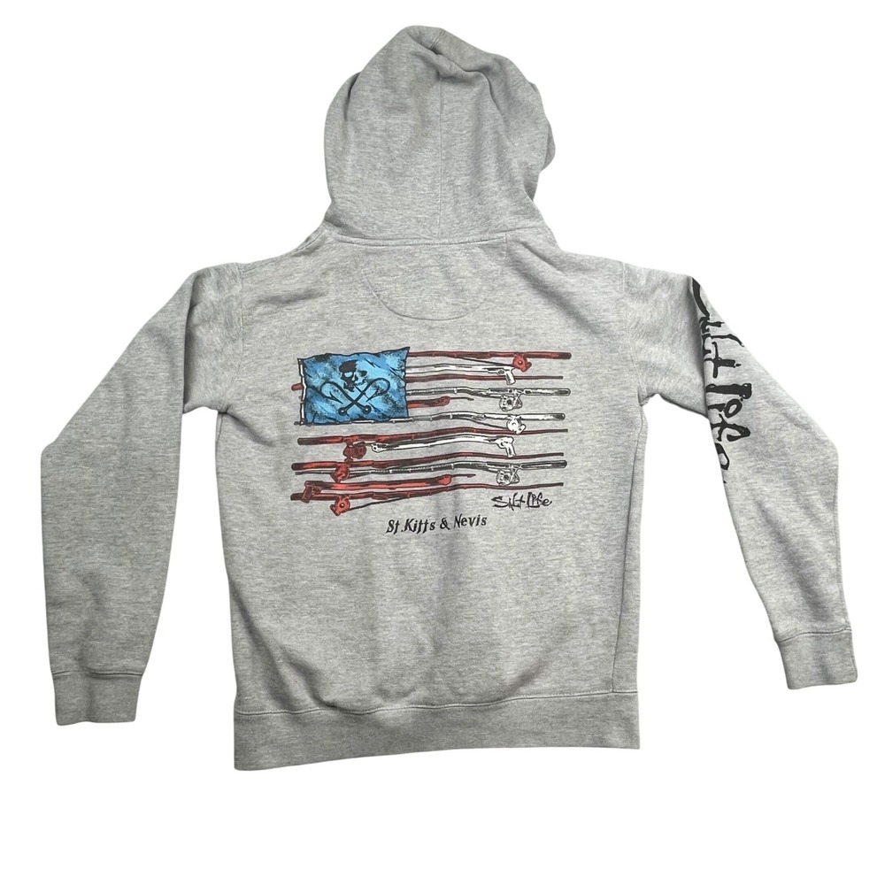 Salt Life Mens Small Gray Hoodie St Kitts Nevis Fishing Flag Graphic Pullover
